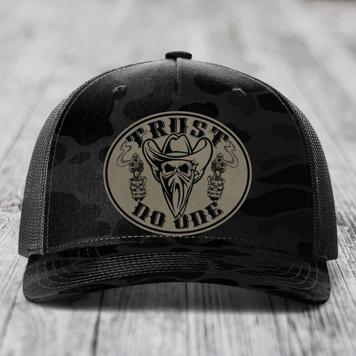 Trust No One - Leather Patch Hat - Light Brown to Black Patch - Richardson 112PFP Snapback Trucker Hat