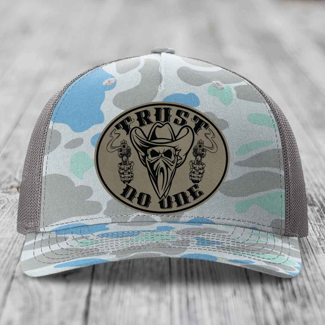 Trust No One - Leather Patch Hat - Light Brown to Black Patch - Richardson 112PFP Snapback Trucker Hat