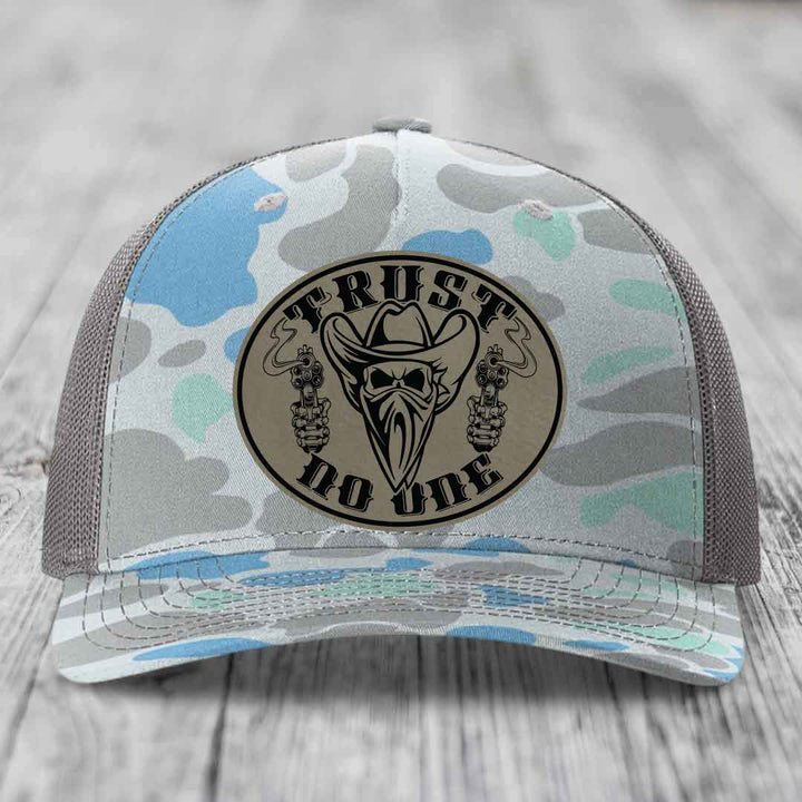 Trust No One - Leather Patch Hat - Light Brown to Black Patch - Richardson 112PFP Snapback Trucker Hat