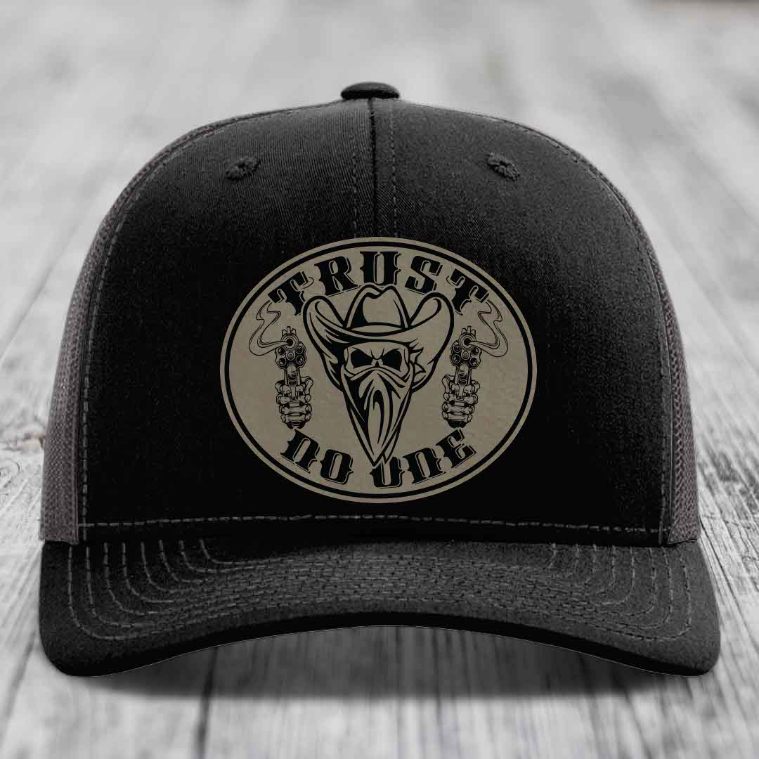 Trust No One - Leather Patch Hat - Light Brown to Black Patch - Richardson 112 Snapback Trucker Hat