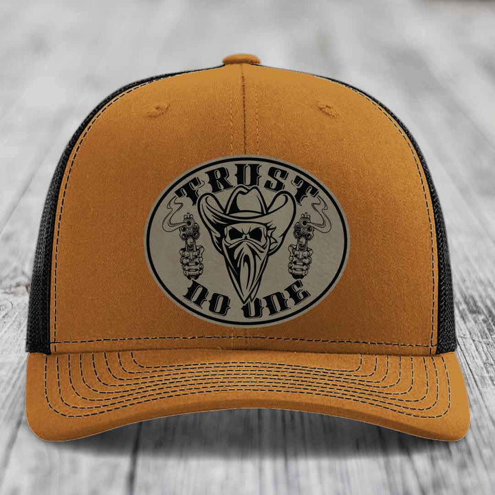 Trust No One - Leather Patch Hat - Light Brown to Black Patch - Richardson 112 Snapback Trucker Hat