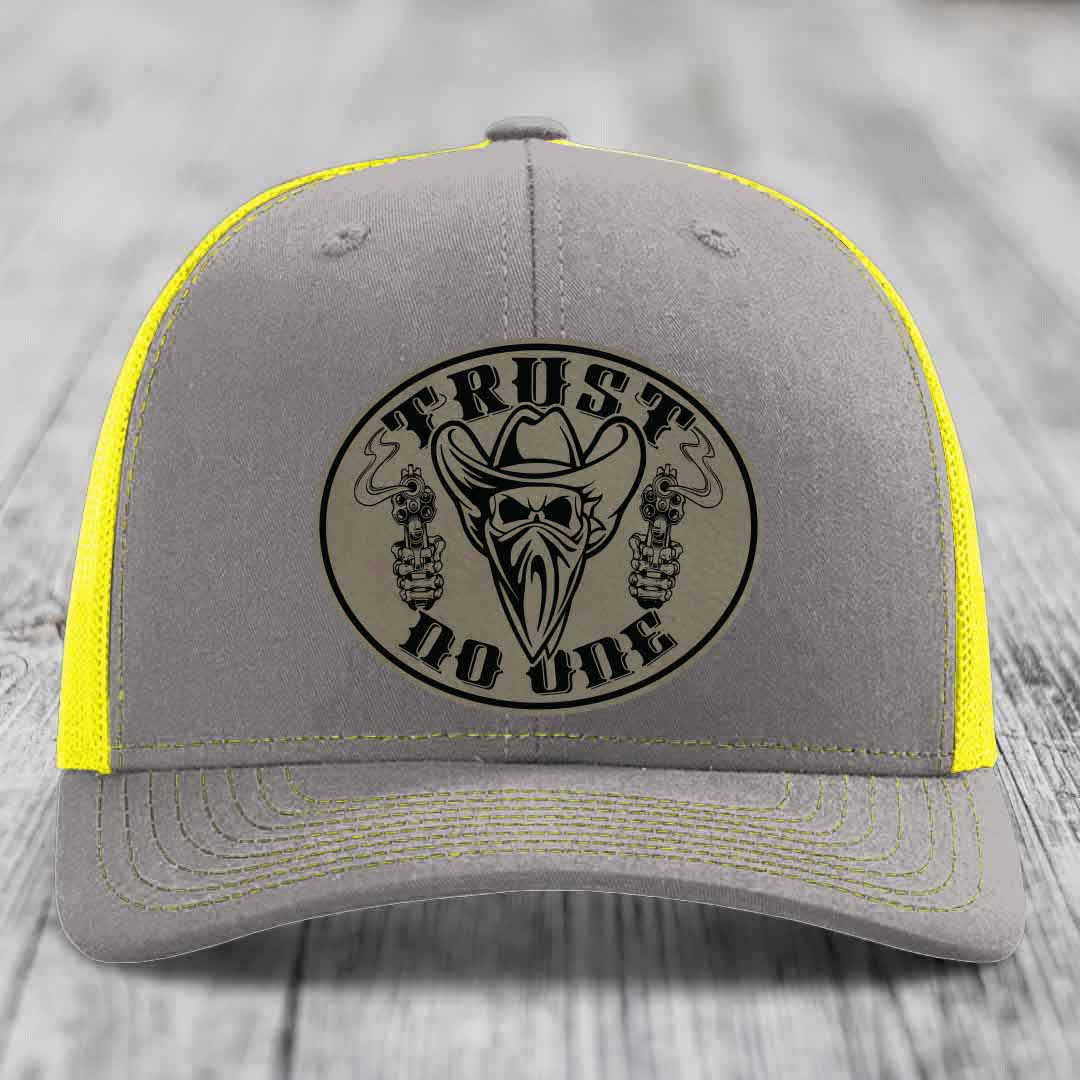 Trust No One - Leather Patch Hat - Light Brown to Black Patch - Richardson 112 Snapback Trucker Hat