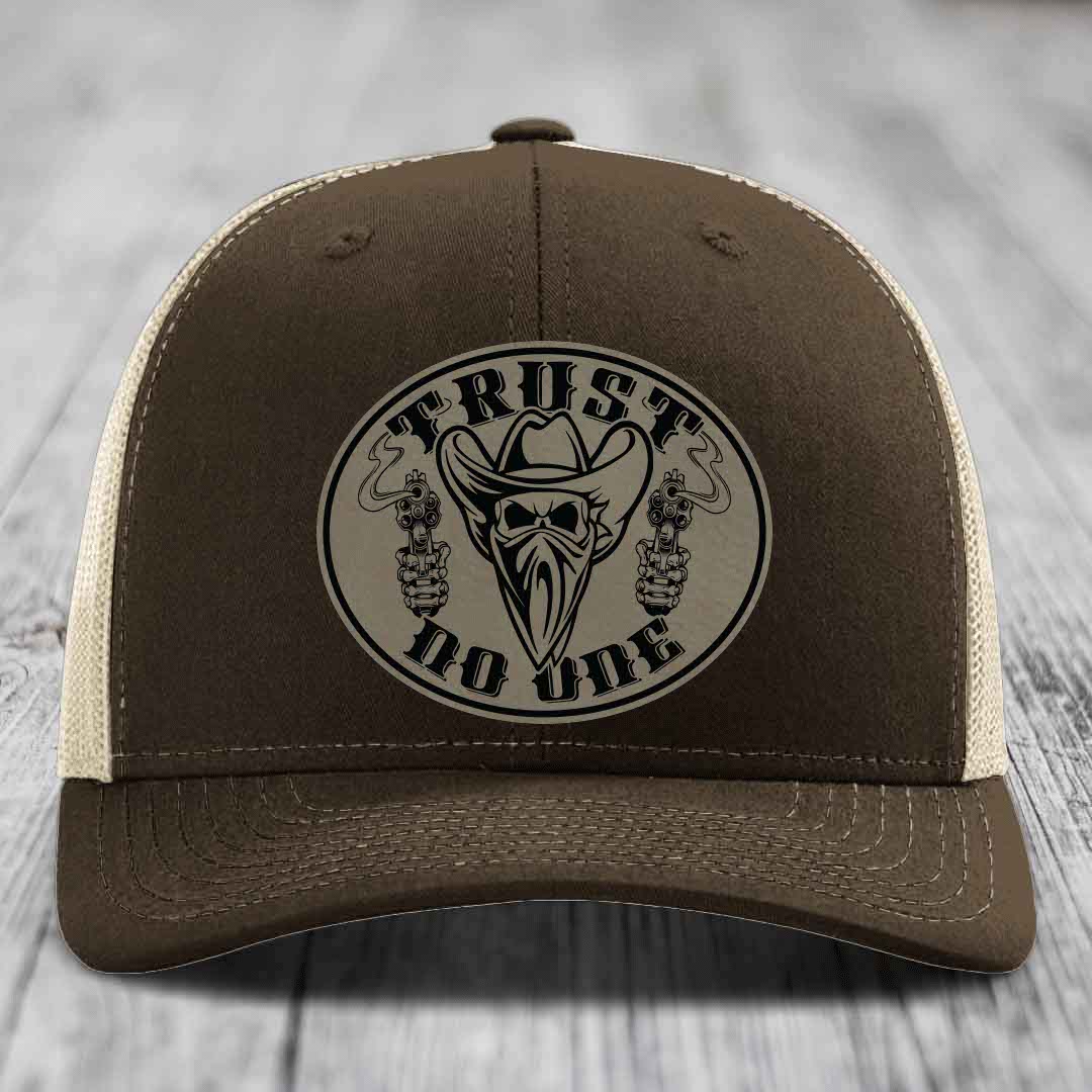 Trust No One - Leather Patch Hat - Light Brown to Black Patch - Richardson 112 Snapback Trucker Hat