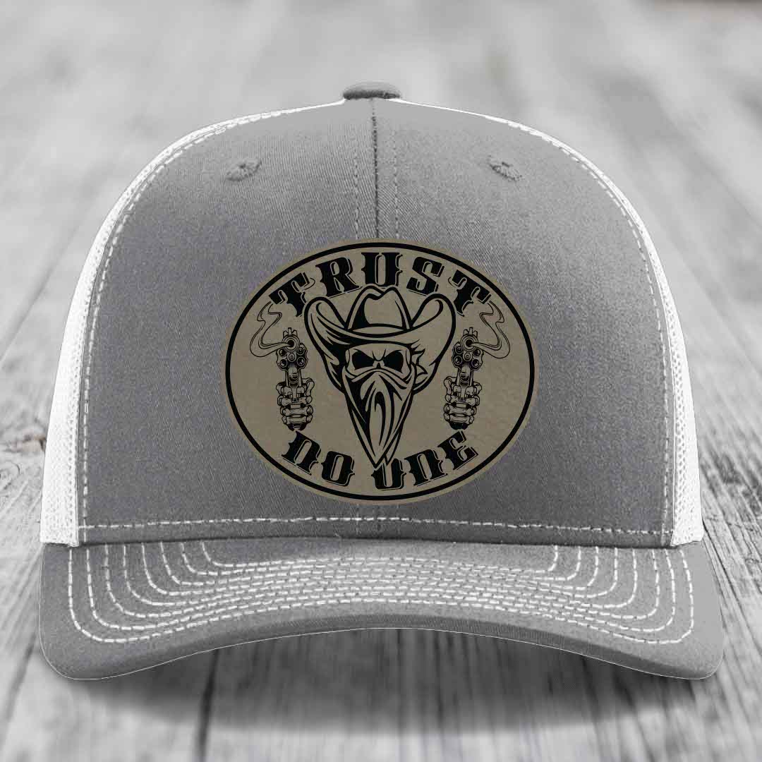 Trust No One - Leather Patch Hat - Light Brown to Black Patch - Richardson 112 Snapback Trucker Hat