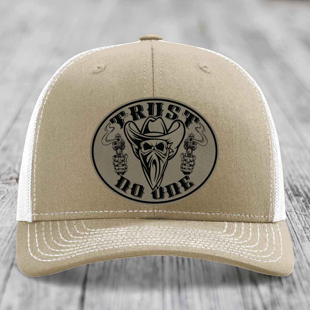 Trust No One - Leather Patch Hat - Light Brown to Black Patch - Richardson 112 Snapback Trucker Hat