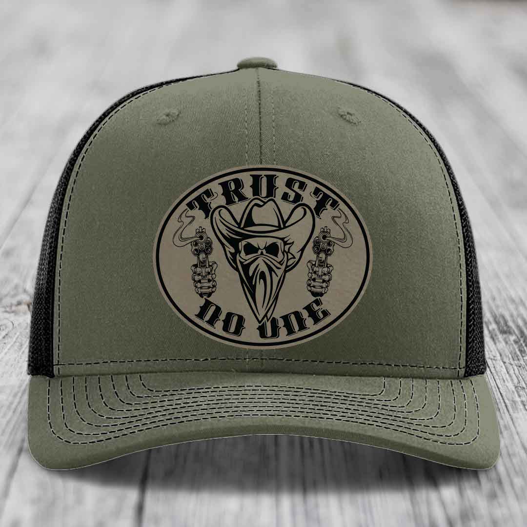 Trust No One - Leather Patch Hat - Light Brown to Black Patch - Richardson 112 Snapback Trucker Hat