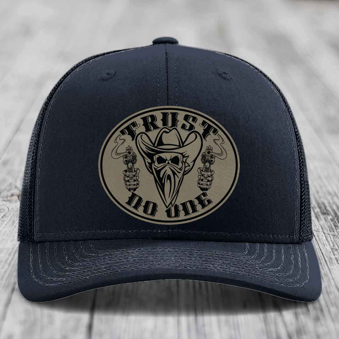 Trust No One - Leather Patch Hat - Light Brown to Black Patch - Richardson 112 Snapback Trucker Hat