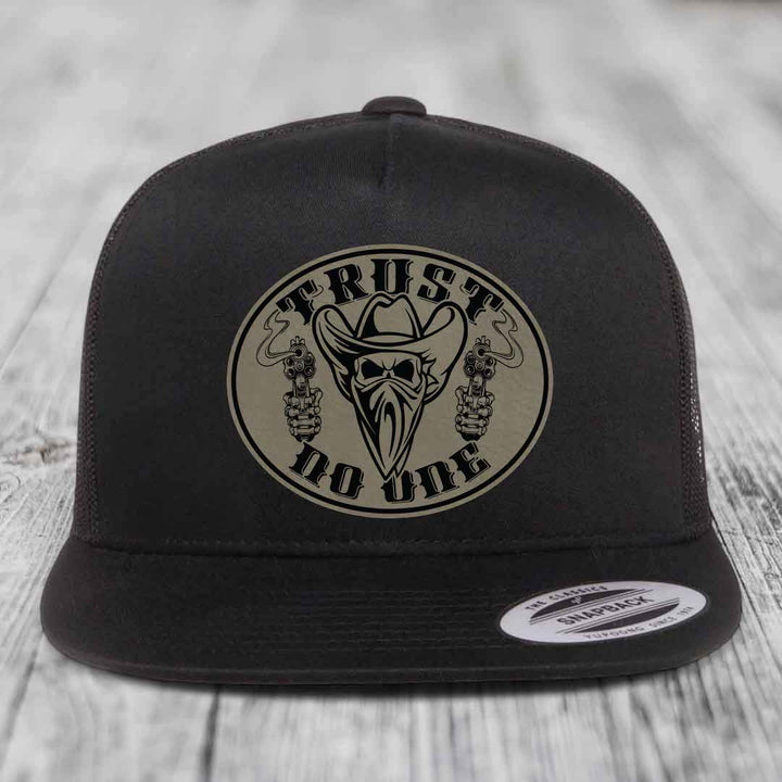 Trust No One - Leather Patch Hat - Light Brown to Black Patch - Yupoong 6006 Snapback Flatbill Hat