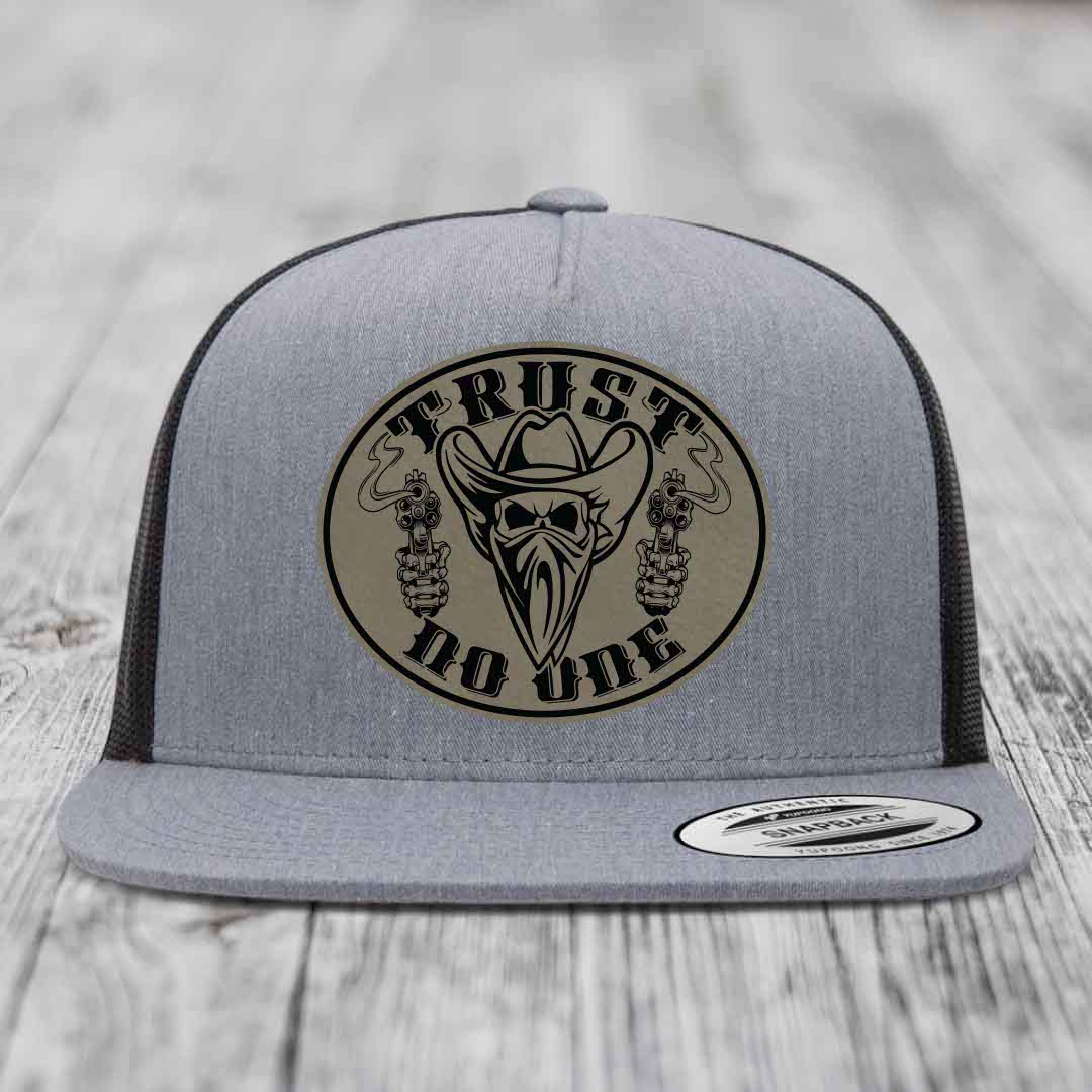 Trust No One - Leather Patch Hat - Light Brown to Black Patch - Yupoong 6006 Snapback Flatbill Hat