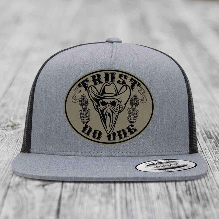 Trust No One - Leather Patch Hat - Light Brown to Black Patch - Yupoong 6006 Snapback Flatbill Hat