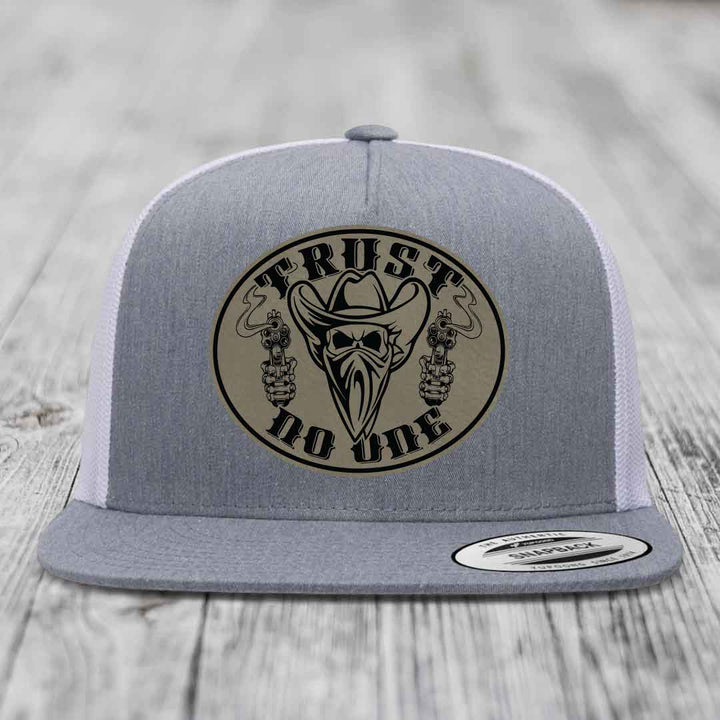 Trust No One - Leather Patch Hat - Light Brown to Black Patch - Yupoong 6006 Snapback Flatbill Hat