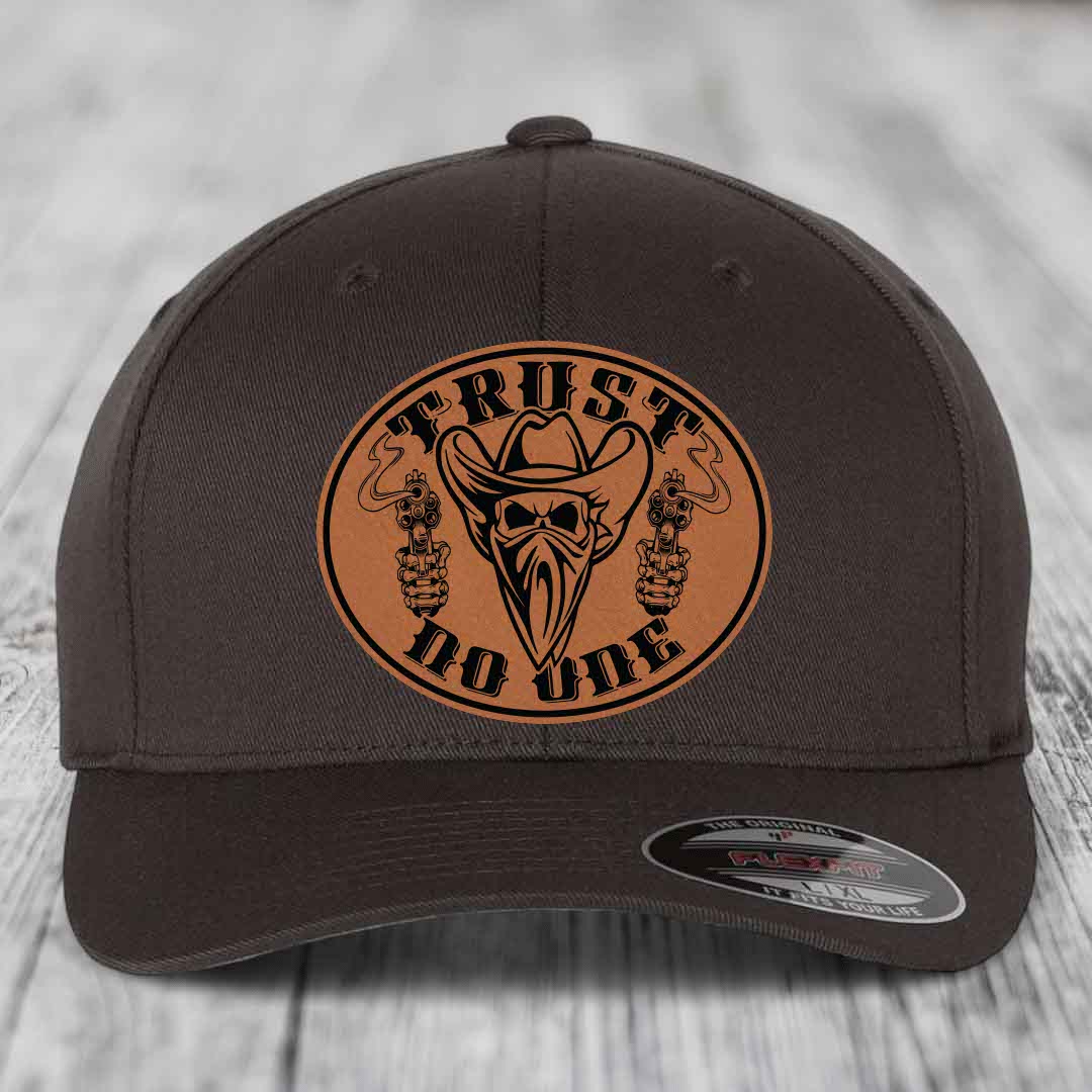 Trust No One - Leather Patch Hat - Rawhide to Black Patch - Flexfit 6277 Fitted Hat
