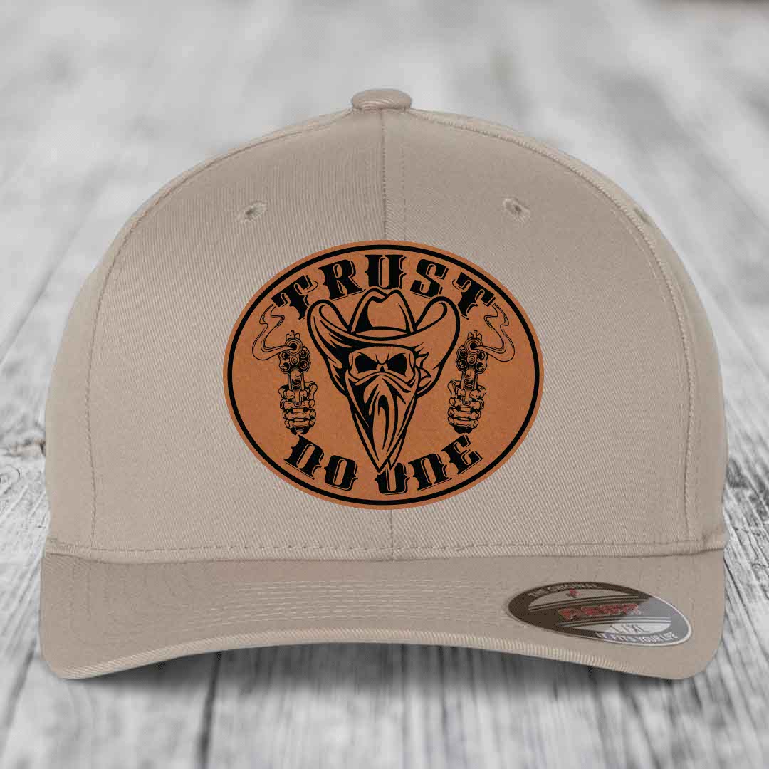 Trust No One - Leather Patch Hat - Rawhide to Black Patch - Flexfit 6277 Fitted Hat