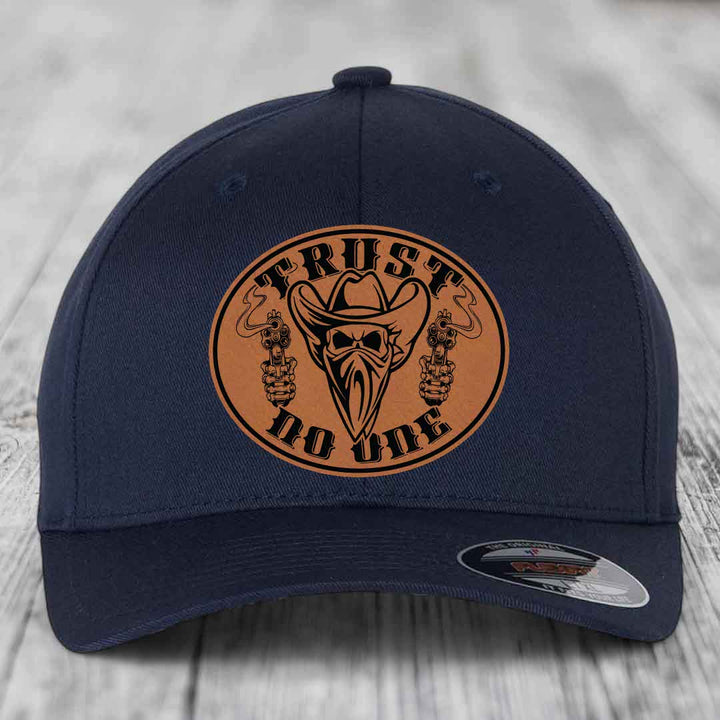 Trust No One - Leather Patch Hat - Rawhide to Black Patch - Flexfit 6277 Fitted Hat