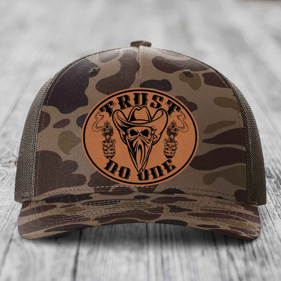 Trust No One - Leather Patch Hat - Rawhide to Black Patch - Richardson 112PFP Snapback Trucker Hat
