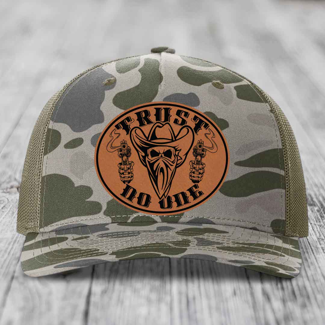 Trust No One - Leather Patch Hat - Rawhide to Black Patch - Richardson 112PFP Snapback Trucker Hat
