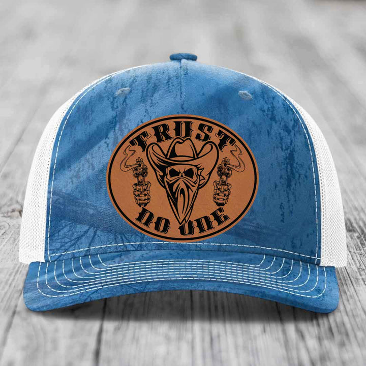 Trust No One - Leather Patch Hat - Rawhide to Black Patch - Richardson 112PFP Snapback Trucker Hat