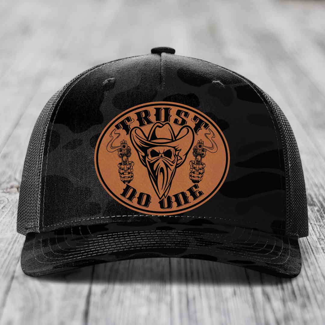 Trust No One - Leather Patch Hat - Rawhide to Black Patch - Richardson 112PFP Snapback Trucker Hat