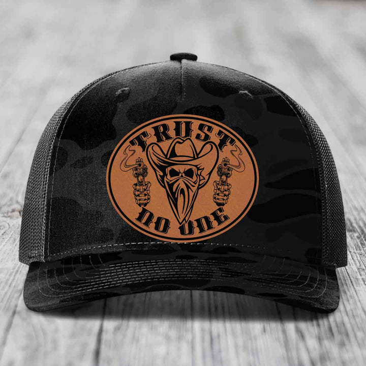 Trust No One - Leather Patch Hat - Rawhide to Black Patch - Richardson 112PFP Snapback Trucker Hat