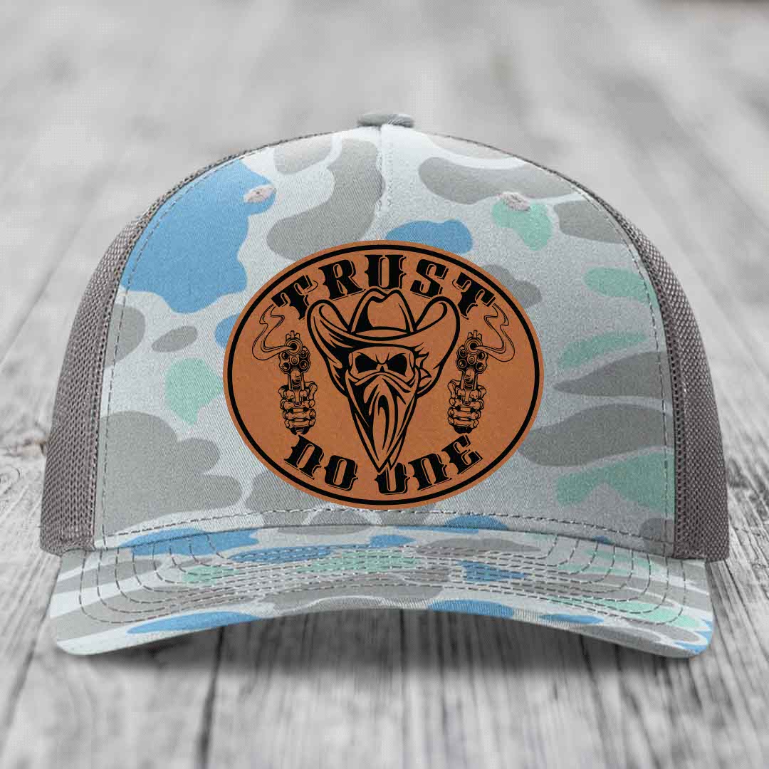 Trust No One - Leather Patch Hat - Rawhide to Black Patch - Richardson 112PFP Snapback Trucker Hat