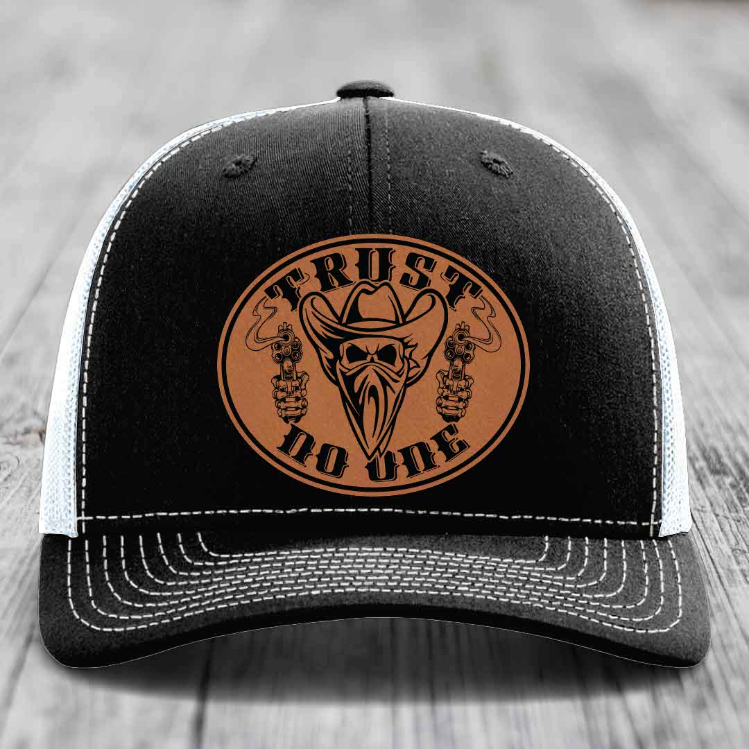 Trust No One - Leather Patch Hat - Rawhide to Black Patch - Richardson 112 Snapback Trucker Hat