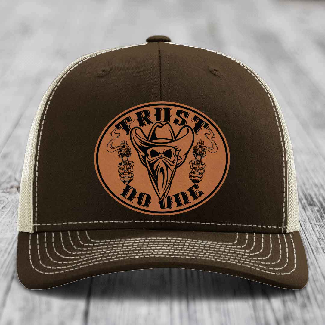 Trust No One - Leather Patch Hat - Rawhide to Black Patch - Richardson 112 Snapback Trucker Hat