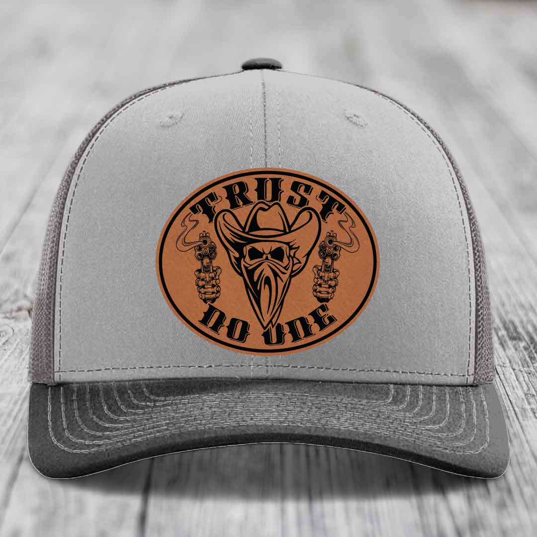 Trust No One - Leather Patch Hat - Rawhide to Black Patch - Richardson 112 Snapback Trucker Hat