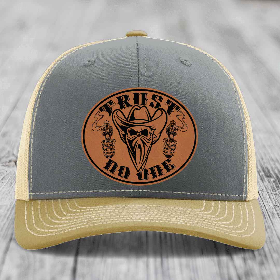 Trust No One - Leather Patch Hat - Rawhide to Black Patch - Richardson 112 Snapback Trucker Hat