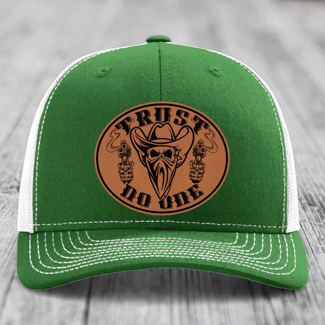Trust No One - Leather Patch Hat - Rawhide to Black Patch - Richardson 112 Snapback Trucker Hat
