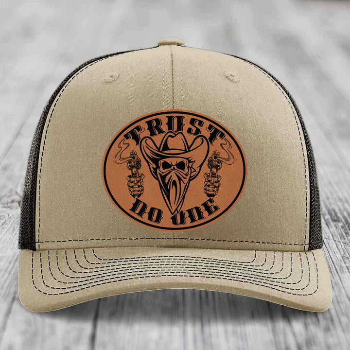 Trust No One - Leather Patch Hat - Rawhide to Black Patch - Richardson 112 Snapback Trucker Hat