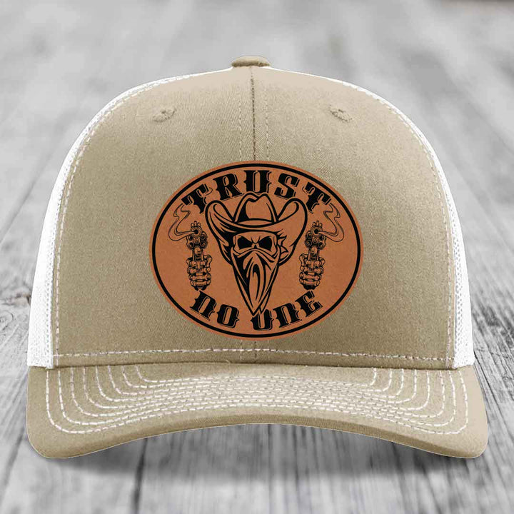 Trust No One - Leather Patch Hat - Rawhide to Black Patch - Richardson 112 Snapback Trucker Hat