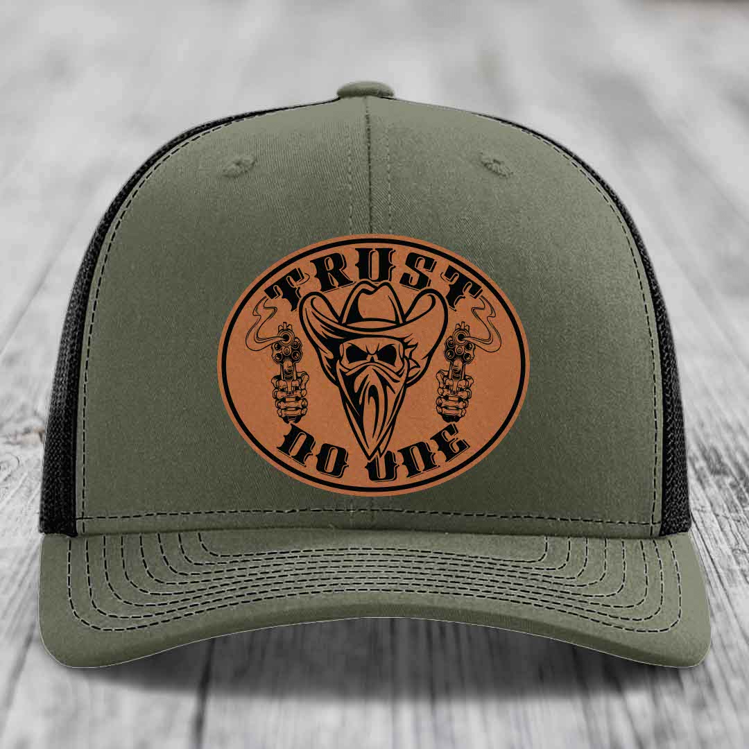 Trust No One - Leather Patch Hat - Rawhide to Black Patch - Richardson 112 Snapback Trucker Hat