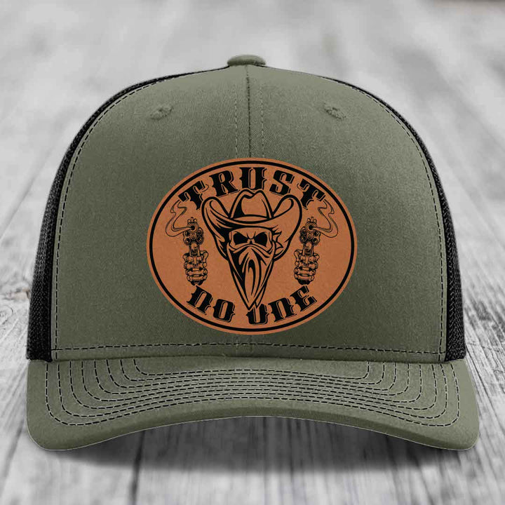 Trust No One - Leather Patch Hat - Rawhide to Black Patch - Richardson 112 Snapback Trucker Hat