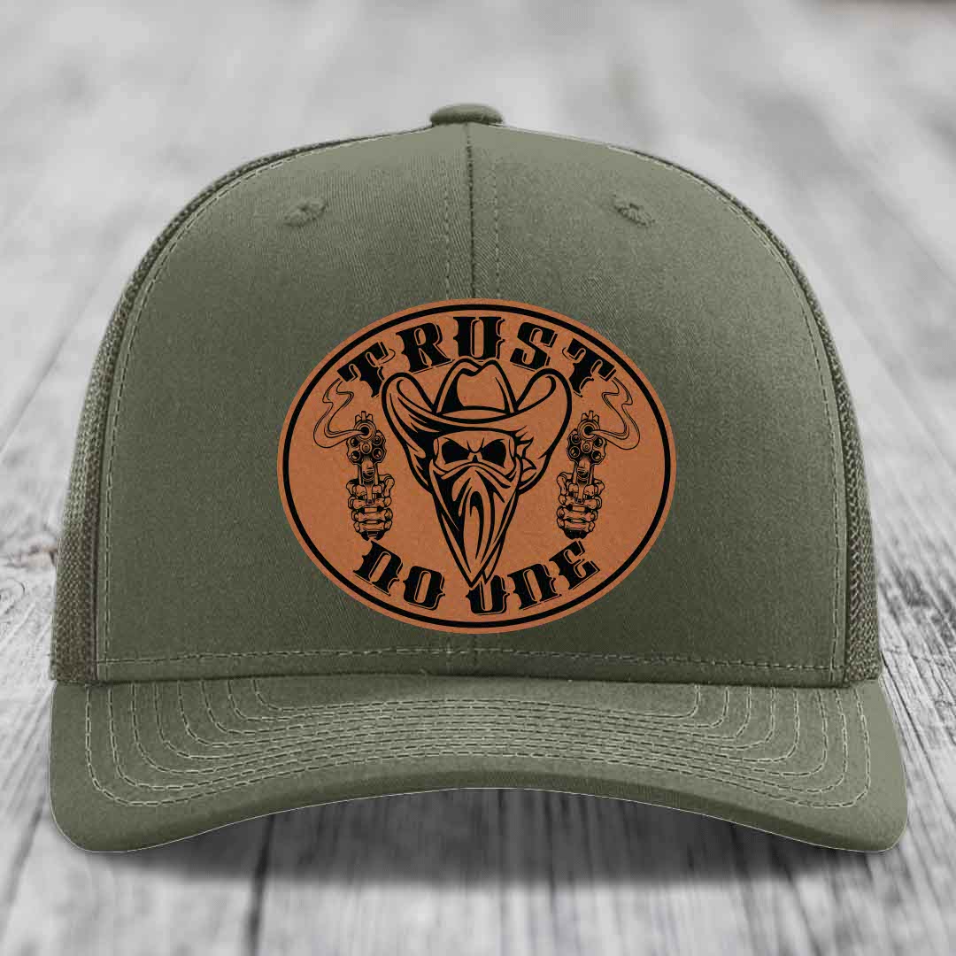 Trust No One - Leather Patch Hat - Rawhide to Black Patch - Richardson 112 Snapback Trucker Hat