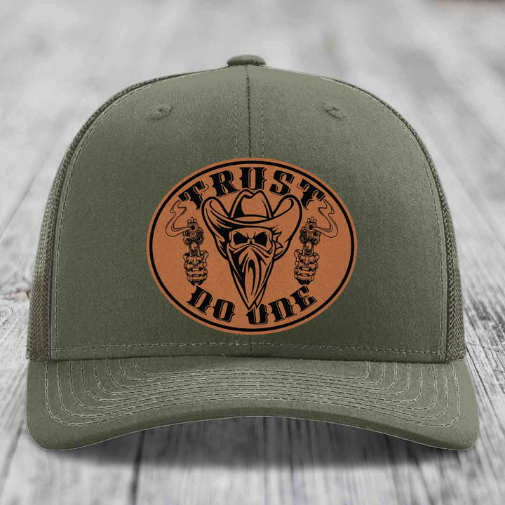 Trust No One - Leather Patch Hat - Rawhide to Black Patch - Richardson 112 Snapback Trucker Hat