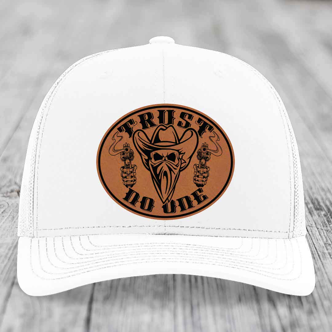 Trust No One - Leather Patch Hat - Rawhide to Black Patch - Richardson 112 Snapback Trucker Hat