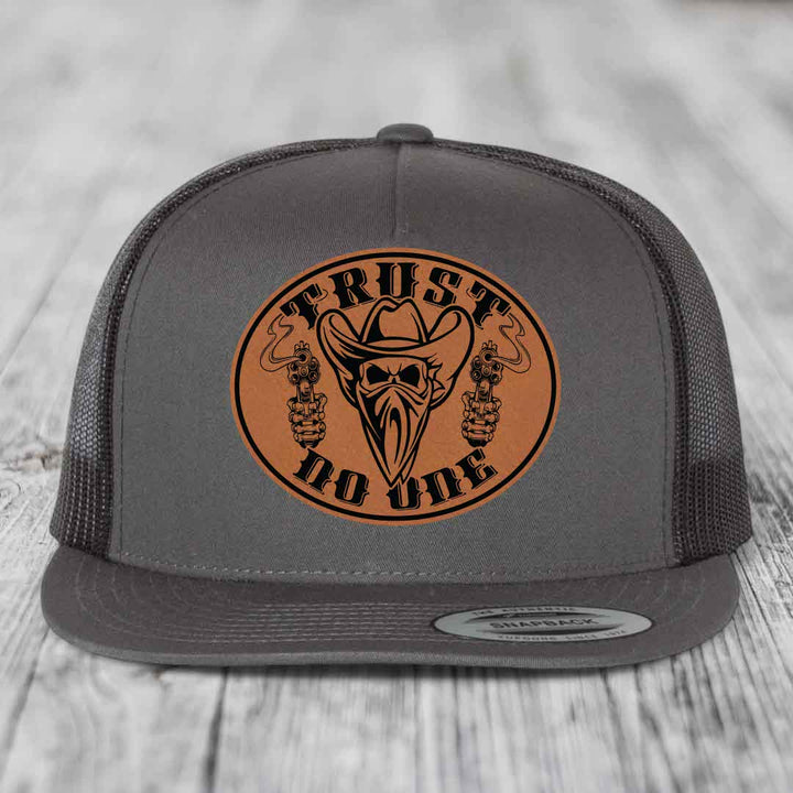 Trust No One - Leather Patch Hat - Rawhide to Black Patch - Yupoong 6006 Snapback Flatbill Hat