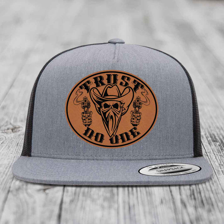 Trust No One - Leather Patch Hat - Rawhide to Black Patch - Yupoong 6006 Snapback Flatbill Hat