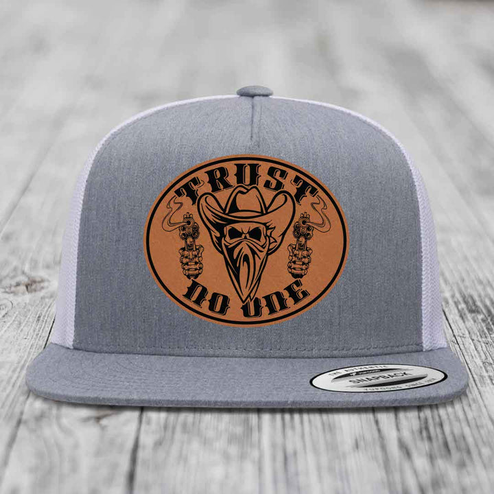 Trust No One - Leather Patch Hat - Rawhide to Black Patch - Yupoong 6006 Snapback Flatbill Hat