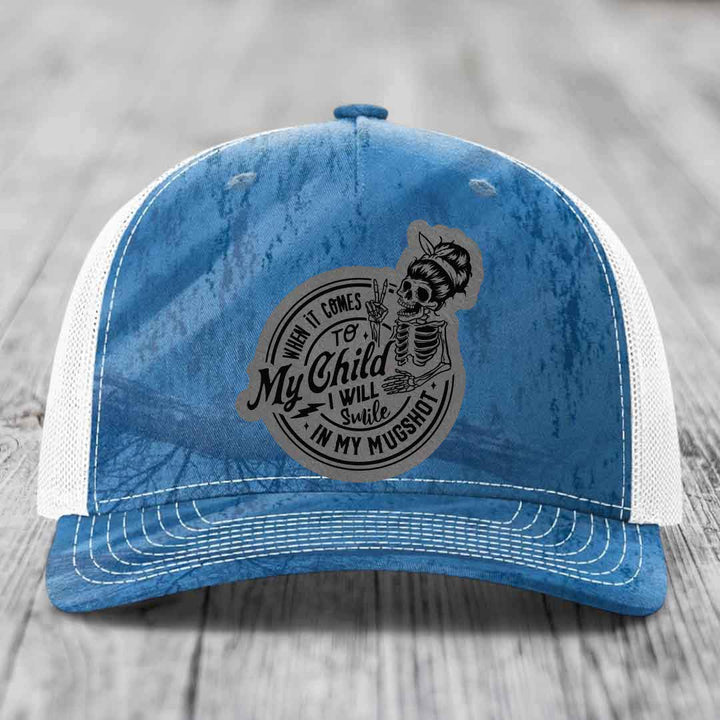 When It Comes To My Child, I Will Smile In My Mugshot (Mama) - Leather Patch Hat - Grey to Black Patch - Richardson 112PFP Snapback Trucker Hat