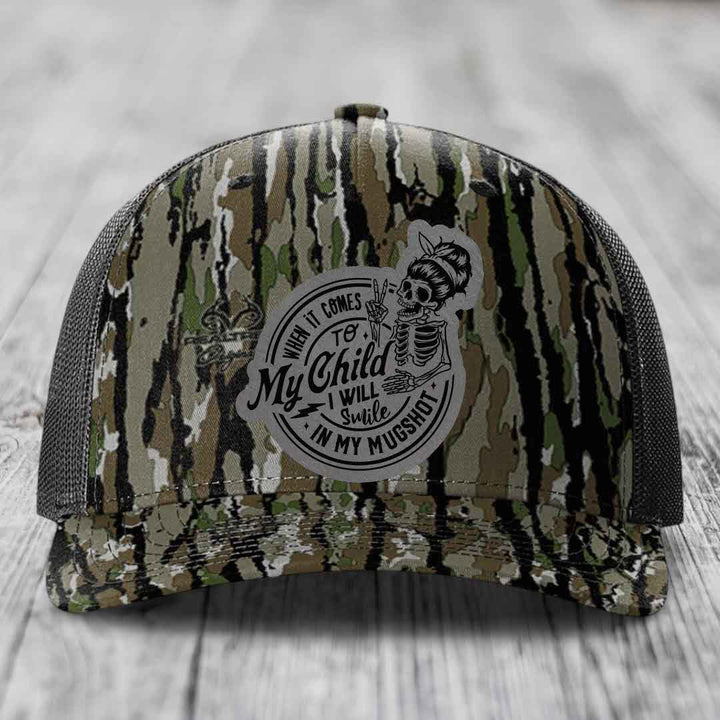 When It Comes To My Child, I Will Smile In My Mugshot (Mama) - Leather Patch Hat - Grey to Black Patch - Richardson 112PFP Snapback Trucker Hat