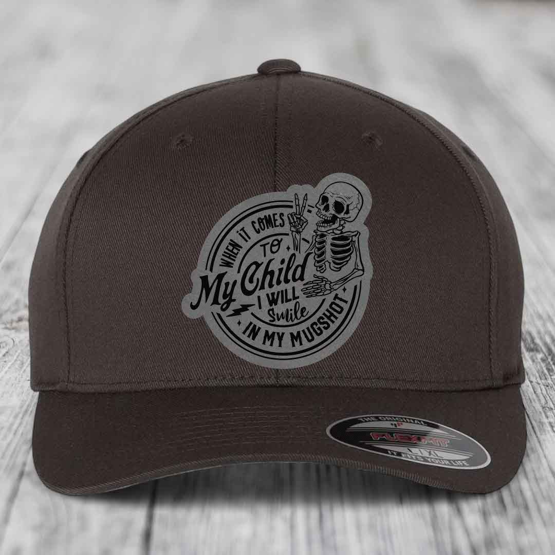 When It Comes To My Child, I Will Smile In My Mugshot (Papa) - Leather Patch Hat - Grey to Black Patch - Flexfit 6277 Fitted Hat