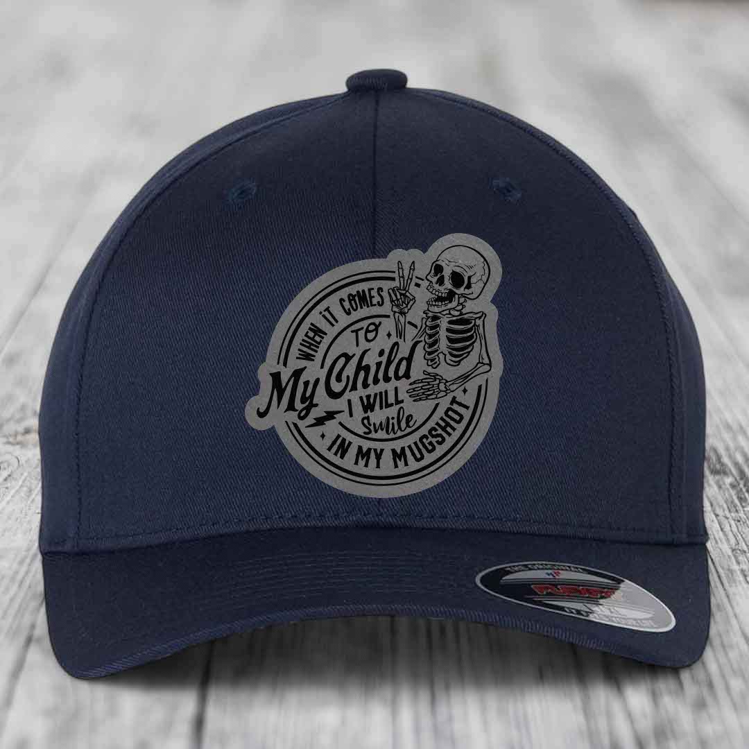 When It Comes To My Child, I Will Smile In My Mugshot (Papa) - Leather Patch Hat - Grey to Black Patch - Flexfit 6277 Fitted Hat