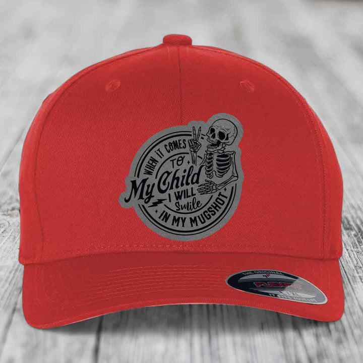 When It Comes To My Child, I Will Smile In My Mugshot (Papa) - Leather Patch Hat - Grey to Black Patch - Flexfit 6277 Fitted Hat