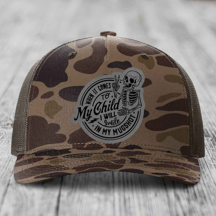 When It Comes To My Child, I Will Smile In My Mugshot (Papa) - Leather Patch Hat - Grey to Black Patch - Richardson 112PFP Snapback Trucker Hat