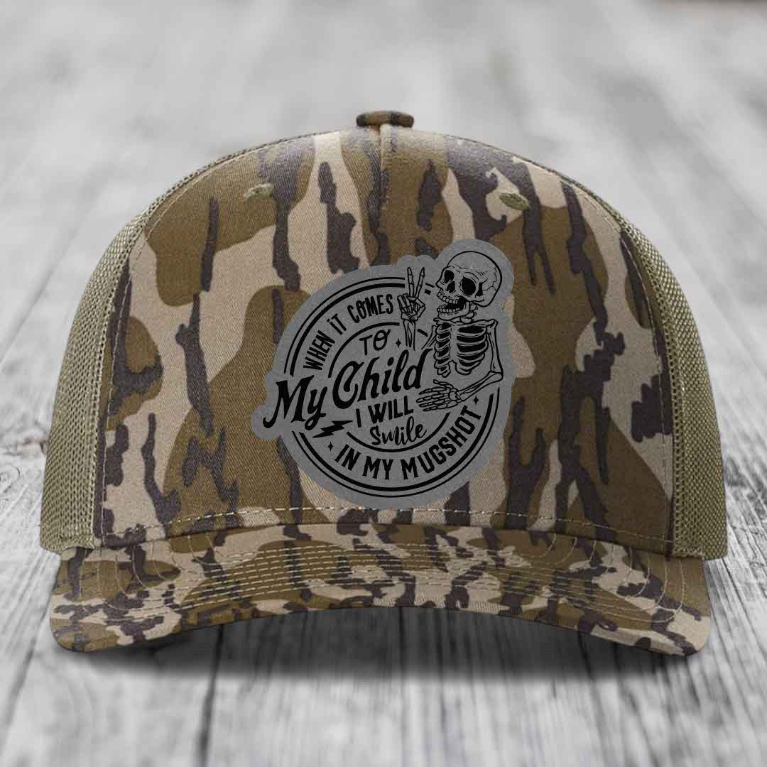 When It Comes To My Child, I Will Smile In My Mugshot (Papa) - Leather Patch Hat - Grey to Black Patch - Richardson 112PFP Snapback Trucker Hat