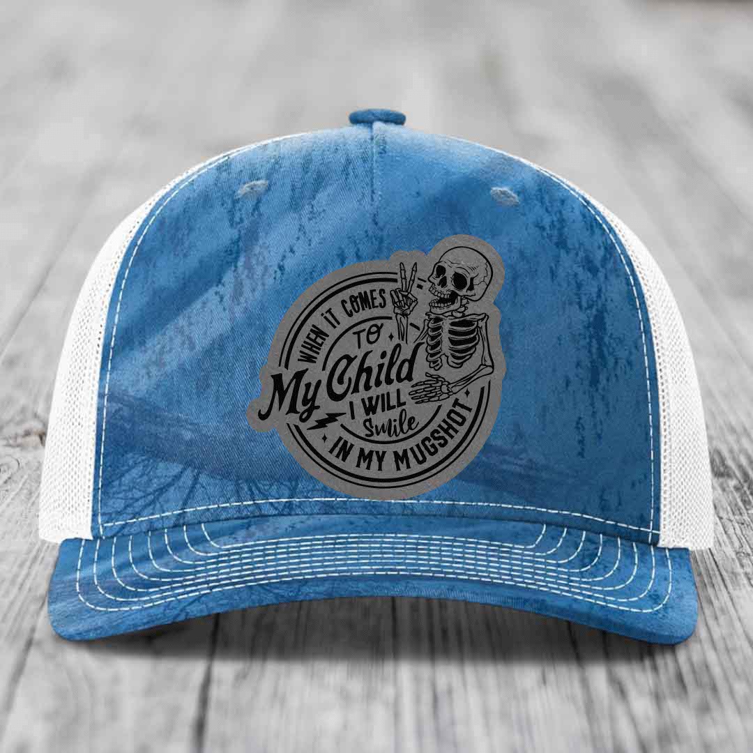 When It Comes To My Child, I Will Smile In My Mugshot (Papa) - Leather Patch Hat - Grey to Black Patch - Richardson 112PFP Snapback Trucker Hat