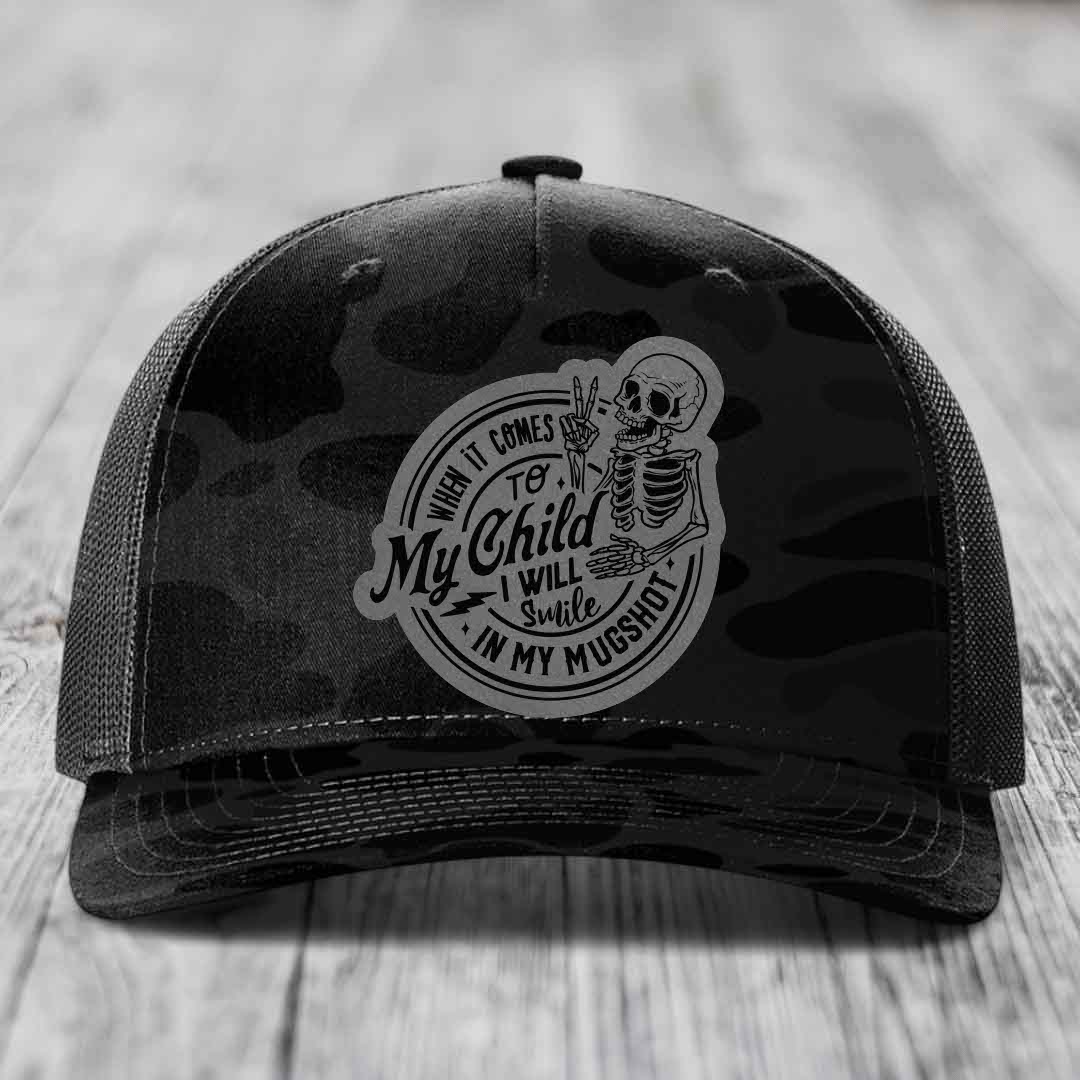 When It Comes To My Child, I Will Smile In My Mugshot (Papa) - Leather Patch Hat - Grey to Black Patch - Richardson 112PFP Snapback Trucker Hat