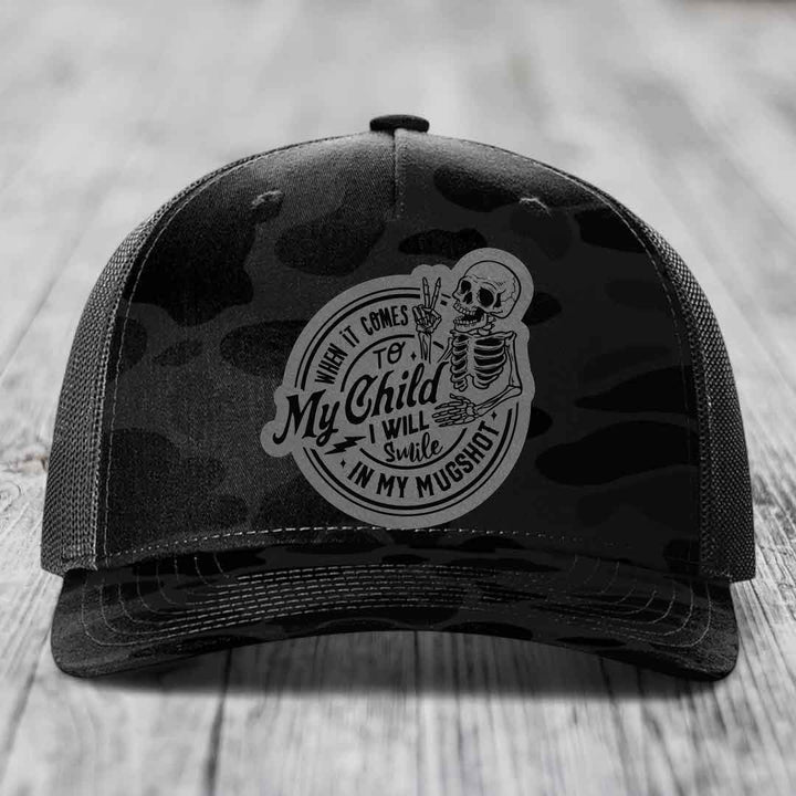 When It Comes To My Child, I Will Smile In My Mugshot (Papa) - Leather Patch Hat - Grey to Black Patch - Richardson 112PFP Snapback Trucker Hat