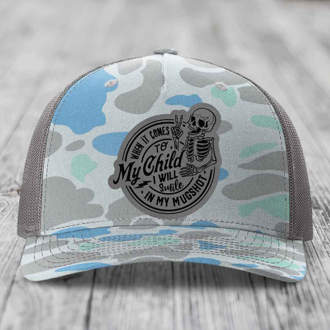 When It Comes To My Child, I Will Smile In My Mugshot (Papa) - Leather Patch Hat - Grey to Black Patch - Richardson 112PFP Snapback Trucker Hat